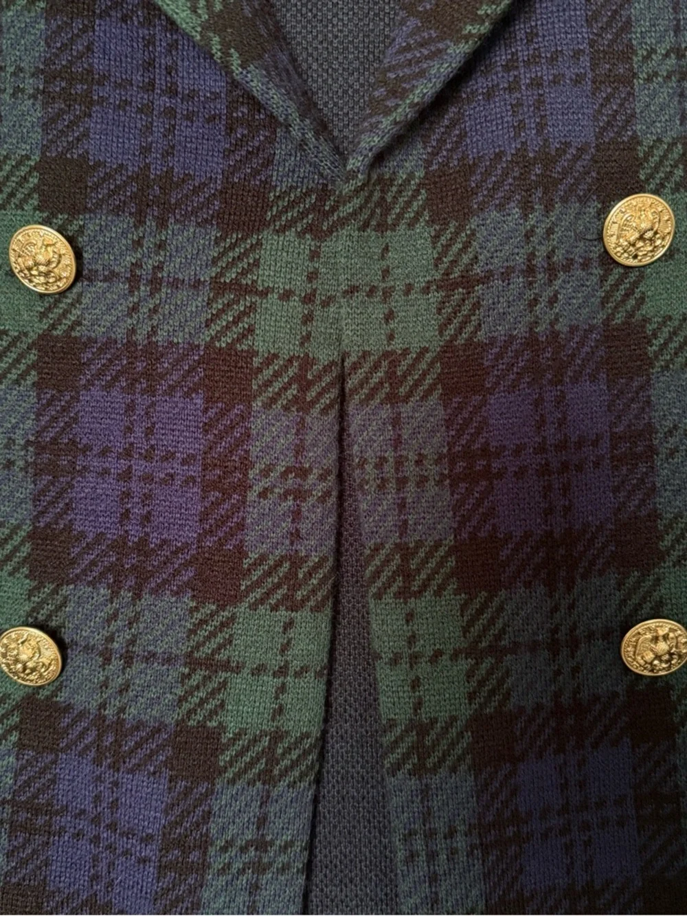 Vintage Anne Klein Blue Green Plaid Double Breasted Cardigan Jacket Medium